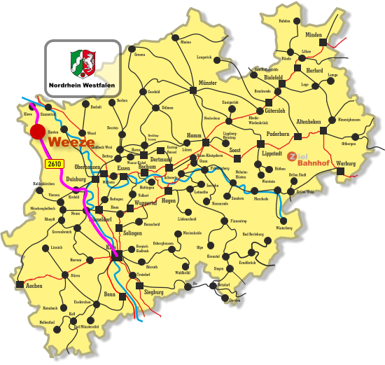 Unna-Königsborn Letmathe Iserlohn Castrop- Rauxel Unna Himmighausen Rheydt Remscheid Bergisch Gladbach Bocholt Borken Dorsten Wesel Xanten Mönchengladbach Kleve Viersen Emmerich Münster Warburg Altenbeken Paderborn Lippstadt Soest Siegburg Aachen Haan Ratingen Bonn Minden Herford Bielefeld Gütersloh Hamm Dortmund Duisburg Essen Mülheim Oberhausen Bochum Hagen Wuppertal Solingen Düsseldorf Köln Gronau Lünen Bottrop Gladbeck West Herne Reckling- hausen Kaldenkirchen Neuss Krefeld Grevenbroich Horrem Düren Kall Hellenthal Heimbach Linnich Euskirchen Bad Münstereifel Au Marienheide Lüdenscheid Fröndenberg Rüthen Warstein Lippborg- Heintrop Neubeckum Ennigerloh Neuenrade Sundern Neheim- Hüsten Finnentrop Olpe Schwerte Wanne-Eickel Meschede Winterberg Brilon Stadt Brilon Wald Siegen Kreuztal Waldbröhl Osberghausen Betzdorf Daaden Erndtbrück Troisdorf Bad Berleburg Ottbergen Dülmen Coesfeld Löhne Lage Lemgo Brackwede Rheda- Wiedenbrück Bad Rothenfelde Bünde Lengerich Rheine Rahden Hattingen Velbert Rösrath 2610 Nordrhein Westfalen Weeze