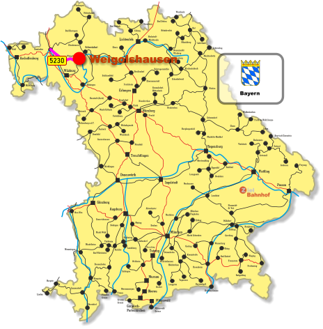 Wurzbach Lichtenfels Bamberg Erlangen Ingolstadt Tutzing Oberau Aschaffenburg Treuchtlingen Mittenwald Donauwörth Wüzburg Nürnberg Regensburg Plattling Passau Augsburg Murnau Günzburg München Melrichstadt Fludungen Ebenhausen Bad Kissingen Schweinfurt Kitzingen Gemünden Kahl Schönkrippen Miltenberg Ebern Coburg Bad Rodach Sonneberg Behringersmühle Ebermannstadt Forchheim Strullendorf Schlüsselfeld Fürth Markt Erlbach Cadolzburg Neustadt (Aisch) Steinach Rothenburg a.d.T. Ansbach Dombühl Windsbach Wickelsgreuth Pleinfeld Gunzenhausen Maxhütte-Haidhof Burglengenfeld Schwandorf Cham Waldmünchen Furth im Wald Grenze Lahm Weiden Neunkirchen Siegelsdorf Kirchenlaibach Schnabelwaid Bayreuth Weidenberg Neuenmarkt Wirsberg Münchberg Helmbrechts Hof Bad Steben Selb Stadt Schirnding Marktredwitz Neukirchen Simmelsdorf- Hüttenbach Hergatz Lindau Neu-Ulm Memmingen Mindelheim Buchloe Türkheim Bad Wörishofen Biessenhofen Füssen Kempten Garmisch- Partenkirchen Griesen  Grenze Pfronten Grenze Oberstdorf Immenstadt Oberammergau Weilheim Schöngau Landsberg Kaufering Bobingen Markt Wald Gessertshausen Mering Geltendorf Nördlingen Obertraubling Radldorf Neufahrn Eggmühl Langquaid Neuhausen Landshut Herrsching Wolfratshausen Dachau Altomünster München Flughafen Erding Markt Schwaben Grafing Wasserburg Neufahrn Mühldorf Neumarkt- St. Veit Rosenheim Deisenhofen Holzkirchen Kreuzstraße Lenggries Kochel Tegernsee Bayrischzell Traunstein Freyung Grafenau Zwiesel Bayrisch Eisenstein Bodenmais Viechtach Gotteszell Tüßling Burghausen Garching Obing Bad Endorf Feucht Waging Ruhpolding Freilassing Kufstein Grenze Mittenwald Grenze Hochstadt- Waigolhausen Marktzeuln 5230 Bayern Weigolshausen