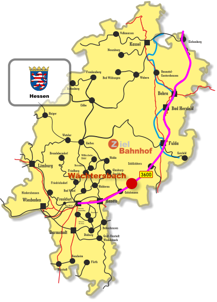 Baunatal- Guntershausen Bebra Kassel Wiesbaden Darmstadt Bad Hersfeld Fulda Hanau Limburg Frankfurt Wetzlar Gießen Haiger Cölbe Frankenberg Battenberg Eichenberg Volkmarsen Naumburg Bad Wildungen Wabern Gersfeld Schlüchtern Friedberg Niedernhausen Friedrichsdorf Brandoberndorf Nidda Beienheim Wölfersheim- Södel Gelnhausen Glauburg- Stockheim Nidderau Bad Vilbel Babenhausen Dieburg Dietzenbach Rödermark- Ober Roden Dreieich- Buchschlag Groß-Umstadt Wiebelsbach Fürth Bensheim Bürstadt Ffm-Höchst 3600 Wächtersbach Hessen