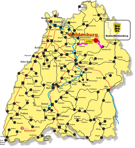 Freiburg Singen Vaihingen Tuttlingen Horb Ulm Bruchsal Heidelberg Rottweil Stuttgart Karlsruhe Offenburg Baden-Baden Mannheim Kehl Appenweiler Miltenberg Lauda Königshofen Osterburken Seckach Eberbach Moosbach Bad Friedrichshall- Jagstfeld Crailsheim Heilbronn Eppingen Meckesheim Hüffenhardt Aglasterhausen Neckargemünd Weinheim Germersheim Graben Neudorf Bretten Schwetzingen Schwäbisch Hall Backnang Waiblingen Rastatt Busenbach Bad Herrenalb Ittersbach Rathaus Mühlacker Pforzheim Bad Wildbad Ettlingen Steinsfurt Immendingen Wintersdorf Bietigheim- Bissingen Ludwigsburg Weil der Stadt Renningen Böblingen Filderstadt Detten- hausen Achern Bad Griesbach Ottenhöfen Freudenstadt Eutingen Herrenberg Hochdorf Tübingen Eyach Hechingen Balingen Schömberg Siegmaringen Villingen Trossingen Trossingen Stadt Hausach Biberach Oberharmsbach- Riersbach Denzlingen Elzach Breisach Bad Krozingen Münstertal Riegel Donaueschingen Titisee Seebruck Lörrach Kandern Basel Badischer Bahnhof Zell Neuhausen Badischer Bahnhof Bietingen Lauchringen Konstanz Radolfzell Stockach Welzheim Schondorf Amstetten Gerstetten Aalen Plochingen Wendlingen Oberlenningen Bad Urach Neuffen Metzingen Nürtingen Gammertingen Herbertingen Mengen Schelklingen Pfullendorf Stadtgarten Alshausen Aulendorf Bad Wurzach Roßberg Kißlegg Hergatz Friedrichshafen Laupheim Goldshöfe 4950 Waldenburg Baden-Württemberg