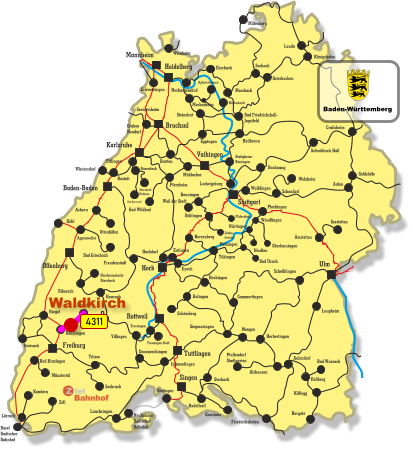 Freiburg Singen Vaihingen Tuttlingen Horb Ulm Bruchsal Heidelberg Rottweil Stuttgart Karlsruhe Offenburg Baden-Baden Mannheim Kehl Appenweiler Miltenberg Lauda Königshofen Osterburken Seckach Eberbach Moosbach Bad Friedrichshall- Jagstfeld Crailsheim Heilbronn Eppingen Meckesheim Hüffenhardt Aglasterhausen Neckargemünd Weinheim Germersheim Graben Neudorf Bretten Schwetzingen Schwäbisch Hall Backnang Waiblingen Rastatt Busenbach Bad Herrenalb Ittersbach Rathaus Mühlacker Pforzheim Bad Wildbad Ettlingen Steinsfurt Immendingen Wintersdorf Bietigheim- Bissingen Ludwigsburg Weil der Stadt Renningen Böblingen Filderstadt Detten- hausen Achern Bad Griesbach Ottenhöfen Freudenstadt Eutingen Herrenberg Hochdorf Tübingen Eyach Hechingen Balingen Schömberg Siegmaringen Villingen Trossingen Trossingen Stadt Hausach Biberach Oberharmsbach- Riersbach Denzlingen Elzach Breisach Bad Krozingen Münstertal Riegel Donaueschingen Titisee Seebruck Lörrach Kandern Basel Badischer Bahnhof Zell Neuhausen Badischer Bahnhof Bietingen Lauchringen Konstanz Radolfzell Stockach Welzheim Schondorf Amstetten Gerstetten Aalen Plochingen Wendlingen Oberlenningen Bad Urach Neuffen Metzingen Nürtingen Gammertingen Herbertingen Mengen Schelklingen Pfullendorf Stadtgarten Alshausen Aulendorf Bad Wurzach Roßberg Kißlegg Hergatz Friedrichshafen Laupheim Goldshöfe 4311 Waldkirch Baden-Württemberg