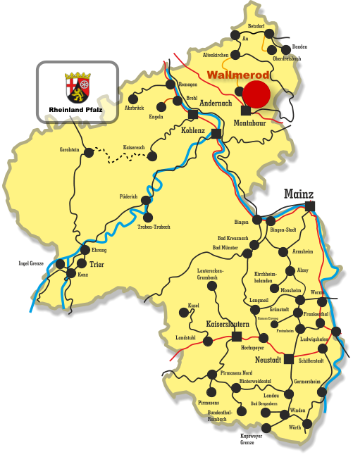 Kaiseresch Brohl Engeln Neustadt Koblenz Montabaur Mainz Kaiserslautern Andernach Remagen Ahrbrück Siershahn Au Altenkirchen Betzdorf Daaden Oberdreisbach Bingen Bingen-Stadt Bad Kreuznach Bad Münster Armsheim Alzey Kirchheim- bolanden Hochspeyer Kusel Lauterecken- Grumbach Landstuhl Konz Ingel Grenze Ehrang Traben-Trabach Püderich Gerolstein Landau Pirmasens Pirmasens Nord Hinterweidental Bundenthal- Rumbach Winden Bad Bergzabern Kapsweyer Grenze Worms Schifferstadt Monsheim Langmeil Freinsheim Grünstadt Ramsen Eiswoog Frankenthal Ludwigshafen Trier Germersheim Wörth Wallmerod Rheinland Pfalz