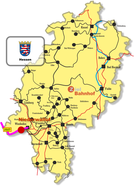 Baunatal- Guntershausen Bebra Kassel Wiesbaden Darmstadt Bad Hersfeld Fulda Hanau Limburg Frankfurt Wetzlar Gießen Haiger Cölbe Frankenberg Battenberg Eichenberg Volkmarsen Naumburg Bad Wildungen Wabern Gersfeld Schlüchtern Friedberg Niedernhausen Friedrichsdorf Brandoberndorf Nidda Beienheim Wölfersheim- Södel Korbach Gelnhausen Glauburg- Stockheim Nidderau Bad Vilbel Babenhausen Dieburg Dietzenbach Rödermark- Ober Roden Dreieich- Buchschlag Groß-Umstadt Wiebelsbach Fürth Bensheim Bürstadt Ffm-Höchst 3507 Niederwalluf Hessen