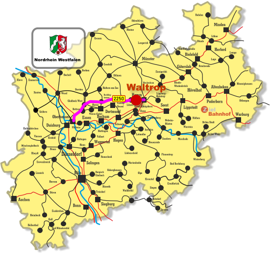 Unna-Königsborn Letmathe Iserlohn Castrop- Rauxel Unna Himmighausen Rheydt Remscheid Bergisch Gladbach Bocholt Borken Dorsten Wesel Xanten Mönchengladbach Kleve Viersen Emmerich Münster Warburg Altenbeken Paderborn Lippstadt Soest Siegburg Aachen Haan Ratingen Bonn Minden Herford Bielefeld Gütersloh Hamm Dortmund Duisburg Essen Mülheim Oberhausen Bochum Hagen Wuppertal Solingen Düsseldorf Köln Gronau Lünen Bottrop Gladbeck West Herne Reckling- hausen Kaldenkirchen Neuss Krefeld Grevenbroich Horrem Düren Kall Hellenthal Heimbach Linnich Euskirchen Bad Münstereifel Au Marienheide Lüdenscheid Fröndenberg Rüthen Warstein Ibbenbüren Lippborg- Heintrop Neubeckum Ennigerloh Neuenrade Sundern Neheim- Hüsten Finnentrop Olpe Schwerte Hövelhof Wanne-Eickel Meschede Winterberg Brilon Stadt Brilon Wald Siegen Kreuztal Waldbröhl Osberghausen Betzdorf Daaden Erndtbrück Troisdorf Bad Berleburg Geldern Ottbergen Dülmen Coesfeld Löhne Lage Lemgo Brackwede Rheda- Wiedenbrück Bad Rothenfelde Bünde Lengerich Rheine Rahden Hattingen Velbert Haltern am See Rösrath 2250 Nordrhein Westfalen Waltrop