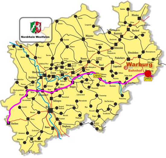 Unna-Königsborn Letmathe Iserlohn Castrop- Rauxel Unna Himmighausen Rheydt Remscheid Bergisch Gladbach Bocholt Borken Dorsten Wesel Xanten Mönchengladbach Kleve Viersen Emmerich Münster Warburg Altenbeken Paderborn Lippstadt Soest Siegburg Aachen Haan Ratingen Bonn Minden Herford Bielefeld Gütersloh Hamm Dortmund Duisburg Essen Mülheim Oberhausen Bochum Hagen Wuppertal Solingen Düsseldorf Köln Gronau Lünen Bottrop Gladbeck West Herne Reckling- hausen Kaldenkirchen Neuss Krefeld Grevenbroich Horrem Düren Kall Hellenthal Heimbach Linnich Euskirchen Bad Münstereifel Au Marienheide Lüdenscheid Fröndenberg Rüthen Warstein Lippborg- Heintrop Neubeckum Ennigerloh Neuenrade Sundern Neheim- Hüsten Finnentrop Olpe Schwerte Wanne-Eickel Meschede Winterberg Brilon Stadt Brilon Wald Siegen Kreuztal Waldbröhl Osberghausen Betzdorf Daaden Erndtbrück Troisdorf Bad Berleburg Ottbergen Dülmen Coesfeld Löhne Lage Lemgo Brackwede Rheda- Wiedenbrück Bad Rothenfelde Bünde Lengerich Rheine Rahden Hattingen Velbert Rösrath 2972 2550 Nordrhein Westfalen Warburg