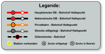 Legende: Hauptstrecke DB - Bahnhof Haltepunkt Nebenstrecke DB - Bahnhof Haltepunkt Privatbahn - Bahnhof Haltepunkt Zeche stillgelegt Zeche in Betrieb Strecke stillgelegt - Bahnhof Haltepunkt  Station vorhanden Güterstrecke - Bahnhof