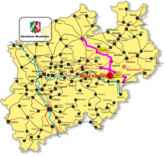 Unna-Königsborn Letmathe Iserlohn Castrop- Rauxel Unna Himmighausen Rheydt Remscheid Bergisch Gladbach Bocholt Borken Dorsten Wesel Xanten Mönchengladbach Kleve Viersen Emmerich Münster Warburg Altenbeken Paderborn Lippstadt Soest Siegburg Aachen Haan Ratingen Bonn Minden Herford Bielefeld Gütersloh Hamm Dortmund Duisburg Essen Mülheim Oberhausen Bochum Hagen Wuppertal Solingen Düsseldorf Köln Gronau Lünen Bottrop Gladbeck West Herne Reckling- hausen Kaldenkirchen Neuss Krefeld Grevenbroich Horrem Düren Kall Hellenthal Heimbach Linnich Euskirchen Bad Münstereifel Au Marienheide Lüdenscheid Fröndenberg Rüthen Warstein Ibbenbüren Lippborg- Heintrop Neubeckum Ennigerloh Neuenrade Sundern Neheim- Hüsten Finnentrop Olpe Schwerte Hövelhof Wanne-Eickel Meschede Winterberg Brilon Stadt Brilon Wald Siegen Kreuztal Waldbröhl Osberghausen Betzdorf Daaden Erndtbrück Troisdorf Bad Berleburg Geldern Ottbergen Dülmen Coesfeld Löhne Lage Lemgo Brackwede Rheda- Wiedenbrück Bad Rothenfelde Bünde Lengerich Rheine Rahden Hattingen Velbert Haltern am See Rösrath 9243 9217 Nordrhein Westfalen Warstein