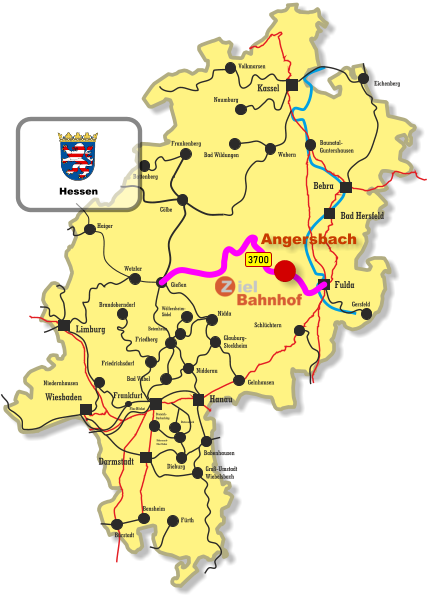 Baunatal- Guntershausen Bebra Kassel Wiesbaden Darmstadt Bad Hersfeld Fulda Hanau Limburg Frankfurt Wetzlar Gießen Haiger Cölbe Frankenberg Battenberg Eichenberg Volkmarsen Naumburg Bad Wildungen Wabern Gersfeld Schlüchtern Friedberg Niedernhausen Friedrichsdorf Brandoberndorf Nidda Beienheim Wölfersheim- Södel Gelnhausen Glauburg- Stockheim Nidderau Bad Vilbel Babenhausen Dieburg Dietzenbach Rödermark- Ober Roden Dreieich- Buchschlag Groß-Umstadt Wiebelsbach Fürth Bensheim Bürstadt Ffm-Höchst 3700 Angersbach Hessen