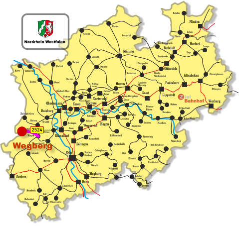 Unna-Königsborn Letmathe Iserlohn Castrop- Rauxel Unna Himmighausen Rheydt Remscheid Bergisch Gladbach Bocholt Borken Dorsten Wesel Xanten Mönchengladbach Kleve Viersen Emmerich Münster Warburg Altenbeken Paderborn Lippstadt Soest Siegburg Aachen Haan Ratingen Bonn Minden Herford Bielefeld Gütersloh Hamm Dortmund Duisburg Essen Mülheim Oberhausen Bochum Hagen Wuppertal Solingen Düsseldorf Köln Gronau Lünen Bottrop Gladbeck West Herne Reckling- hausen Kaldenkirchen Neuss Krefeld Grevenbroich Horrem Düren Kall Hellenthal Heimbach Linnich Euskirchen Bad Münstereifel Au Marienheide Lüdenscheid Fröndenberg Rüthen Warstein Lippborg- Heintrop Neubeckum Ennigerloh Neuenrade Sundern Neheim- Hüsten Finnentrop Olpe Schwerte Wanne-Eickel Meschede Winterberg Brilon Stadt Brilon Wald Siegen Kreuztal Waldbröhl Osberghausen Betzdorf Daaden Erndtbrück Bad Berleburg Ottbergen Dülmen Coesfeld Löhne Lage Lemgo Brackwede Rheda- Wiedenbrück Bad Rothenfelde Bünde Lengerich Rheine Rahden Hattingen Velbert Rösrath 2524 Nordrhein Westfalen Wegberg