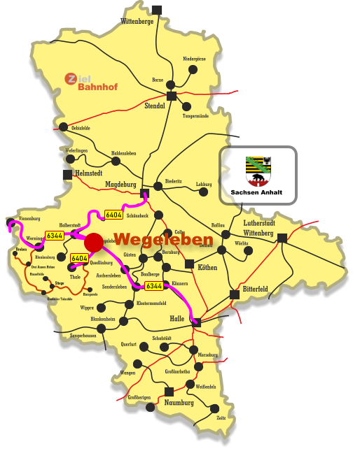 Großherigen Sangerhausen Blankenheim Klostermansfeld Wippra Sandersleben Könnern Baalberge Aschersleben Calbe Bernburg Güsten Schönebeck Dessau Wörlitz Roßlau Großkorbetha Weißenfels Merseburg Schafstädt Querfurt Wangen Zeitz Naumburg Halle Lutherstadt Wittenberg Köthen Stendal Helmstedt Wittenberge Magdeburg Bitterfeld Vienenburg Werningerode Halberstadt Blankenburg Wegeleben Quedlinburg Eisefelder Talmühle Stiege Hasselfelde Harzgerode Broken Drei Annen Hohne Tangermünde Niedergörne Borne Biederitz Haldensleben Weferlingen Lohburg Oebisfelde Thale 6404 6344 6344 6404 Sachsen Anhalt Wegeleben