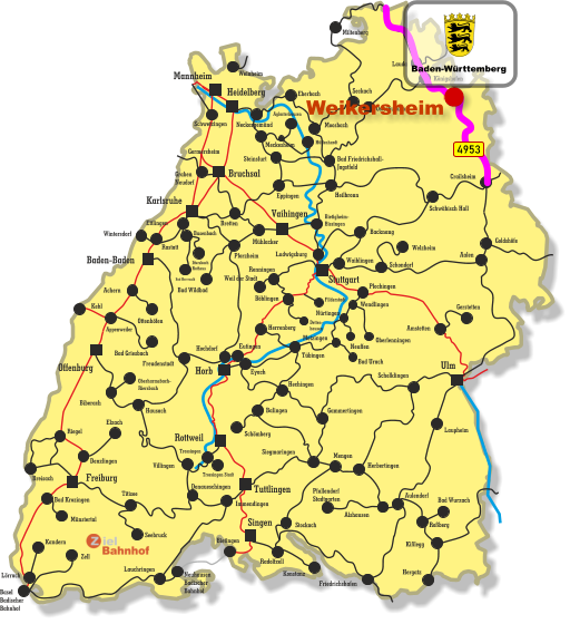 Freiburg Singen Vaihingen Tuttlingen Horb Ulm Bruchsal Heidelberg Rottweil Stuttgart Karlsruhe Offenburg Baden-Baden Mannheim Kehl Appenweiler Miltenberg Lauda Königshofen Osterburken Seckach Eberbach Moosbach Bad Friedrichshall- Jagstfeld Crailsheim Heilbronn Eppingen Meckesheim Hüffenhardt Aglasterhausen Neckargemünd Weinheim Germersheim Graben Neudorf Bretten Schwetzingen Schwäbisch Hall Backnang Waiblingen Rastatt Busenbach Bad Herrenalb Ittersbach Rathaus Mühlacker Pforzheim Bad Wildbad Ettlingen Steinsfurt Immendingen Wintersdorf Bietigheim- Bissingen Ludwigsburg Weil der Stadt Renningen Böblingen Filderstadt Detten- hausen Achern Bad Griesbach Ottenhöfen Freudenstadt Eutingen Herrenberg Hochdorf Tübingen Eyach Hechingen Balingen Schömberg Siegmaringen Villingen Trossingen Trossingen Stadt Hausach Biberach Oberharmsbach- Riersbach Denzlingen Elzach Breisach Bad Krozingen Münstertal Riegel Donaueschingen Titisee Seebruck Lörrach Kandern Basel Badischer Bahnhof Zell Neuhausen Badischer Bahnhof Bietingen Lauchringen Konstanz Radolfzell Stockach Welzheim Schondorf Amstetten Gerstetten Aalen Plochingen Wendlingen Oberlenningen Bad Urach Neuffen Metzingen Nürtingen Gammertingen Herbertingen Mengen Schelklingen Pfullendorf Stadtgarten Alshausen Aulendorf Bad Wurzach Roßberg Kißlegg Hergatz Friedrichshafen Laupheim Goldshöfe 4953 Weikersheim Baden-Württemberg