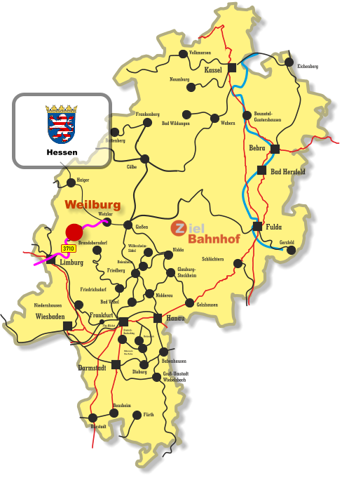 Baunatal- Guntershausen Bebra Kassel Wiesbaden Darmstadt Bad Hersfeld Fulda Hanau Limburg Frankfurt Wetzlar Gießen Haiger Cölbe Frankenberg Battenberg Eichenberg Volkmarsen Naumburg Bad Wildungen Wabern Gersfeld Schlüchtern Friedberg Niedernhausen Friedrichsdorf Brandoberndorf Nidda Beienheim Wölfersheim- Södel Gelnhausen Glauburg- Stockheim Nidderau Bad Vilbel Babenhausen Dieburg Dietzenbach Rödermark- Ober Roden Dreieich- Buchschlag Groß-Umstadt Wiebelsbach Fürth Bensheim Bürstadt Ffm-Höchst 3710 Weilburg Hessen